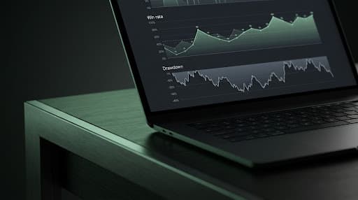 Trading analytics dashboard showing win rate and drawdown charts