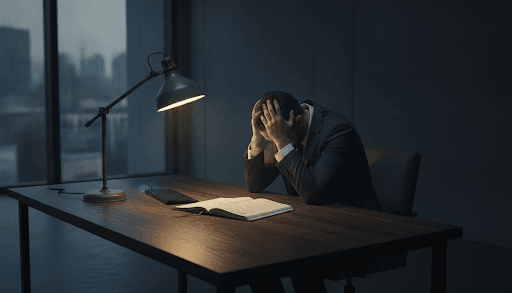 Trader reflecting after a loss with notebook open beside keyboard