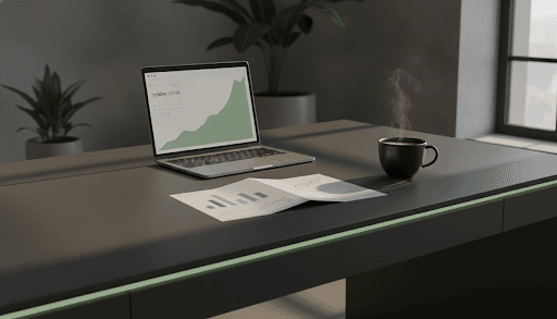 Sunday morning desk with weekly trading report, coffee, and laptop
