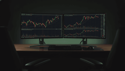 Dual monitor MetaTrader 5 setup with candlestick charts in a dark trading room